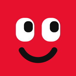 The Crux app icon: a smiling face with two big eyes on a red square.