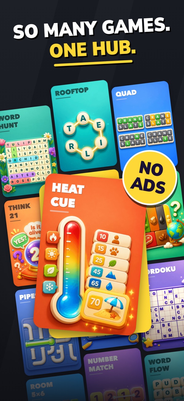 So many games. One hub. A wall of Crux game covers, among them Heat Cue, Rooftop, Quad, Word Hunt and Pipes, with a No Ads seal.