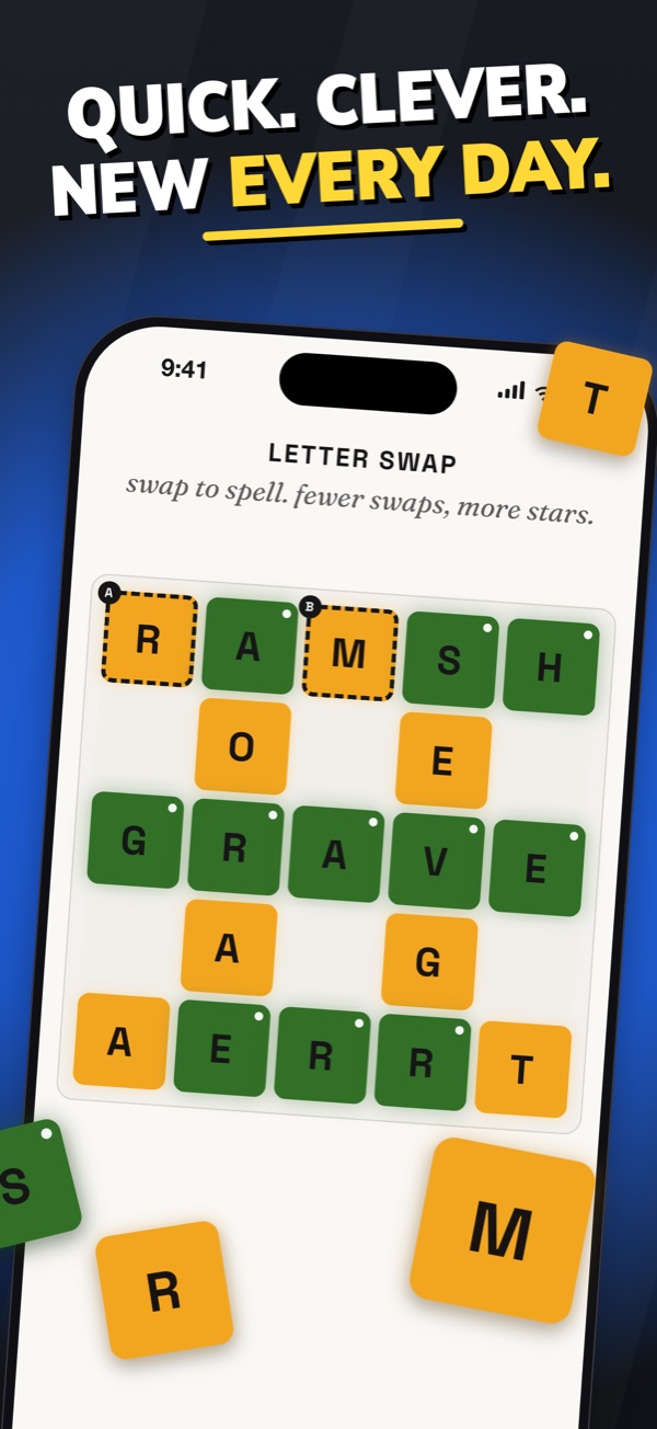 Quick. Clever. New every day. Letter Swap on an iPhone: a grid of letter tiles with two tiles marked to swap.