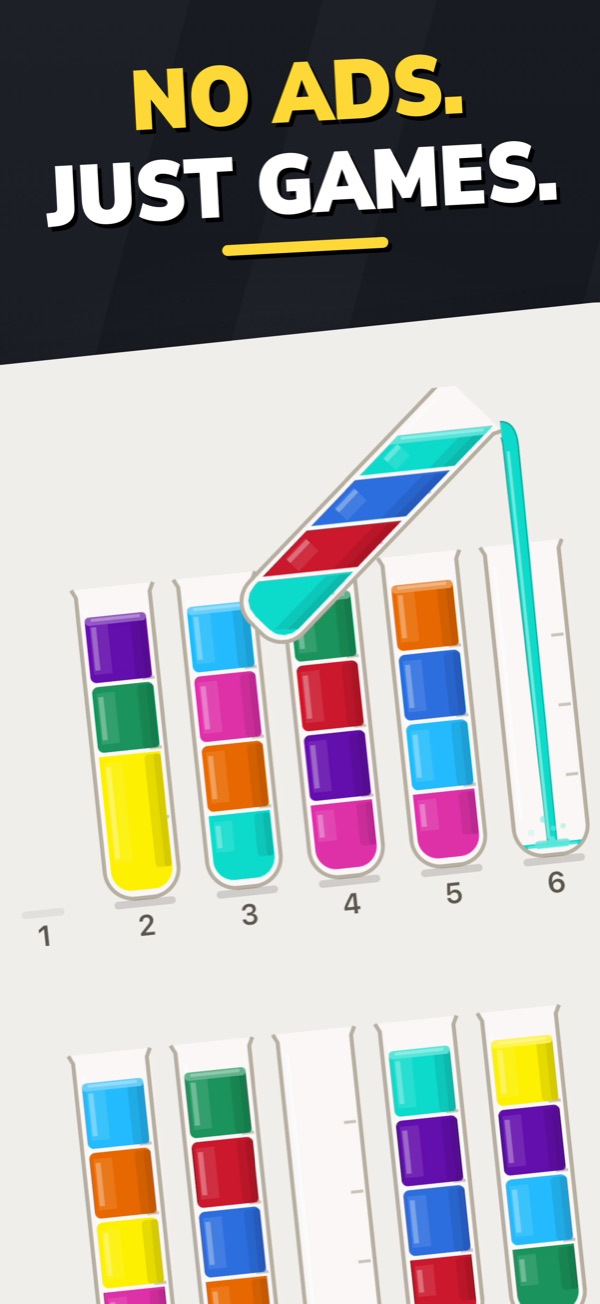 No ads. Just games. Pour: a tube of colored layers tips into a row of tubes being sorted by color.