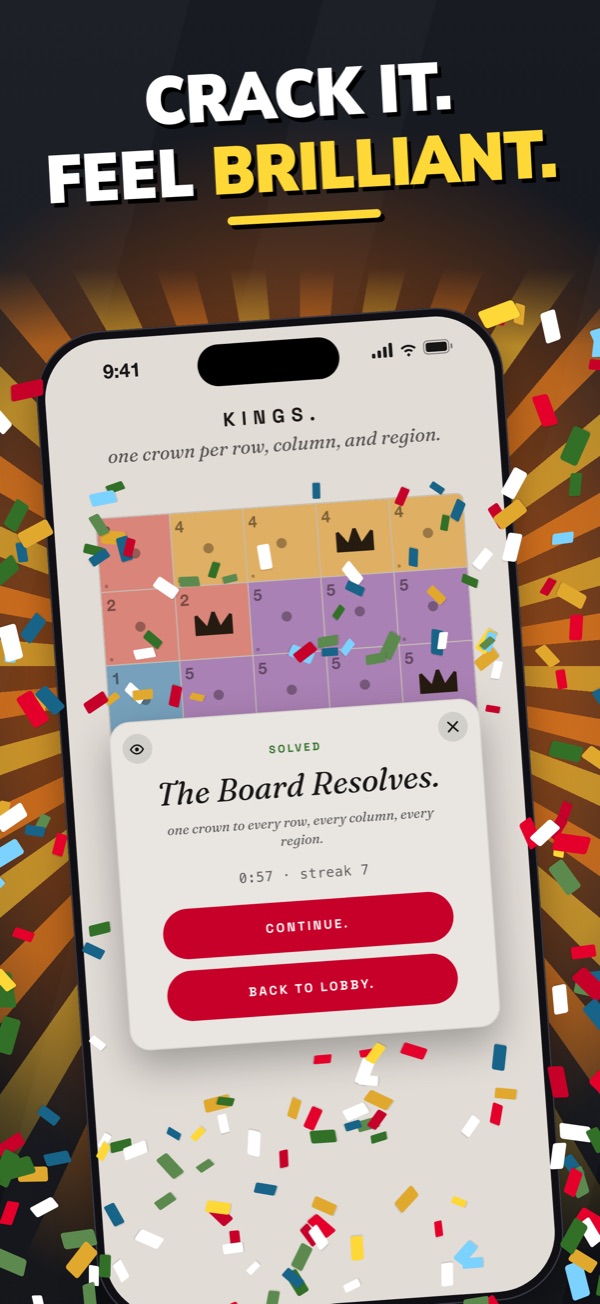 Crack it. Feel brilliant. A solved Kings board on an iPhone under confetti, with the win card reading The Board Resolves.