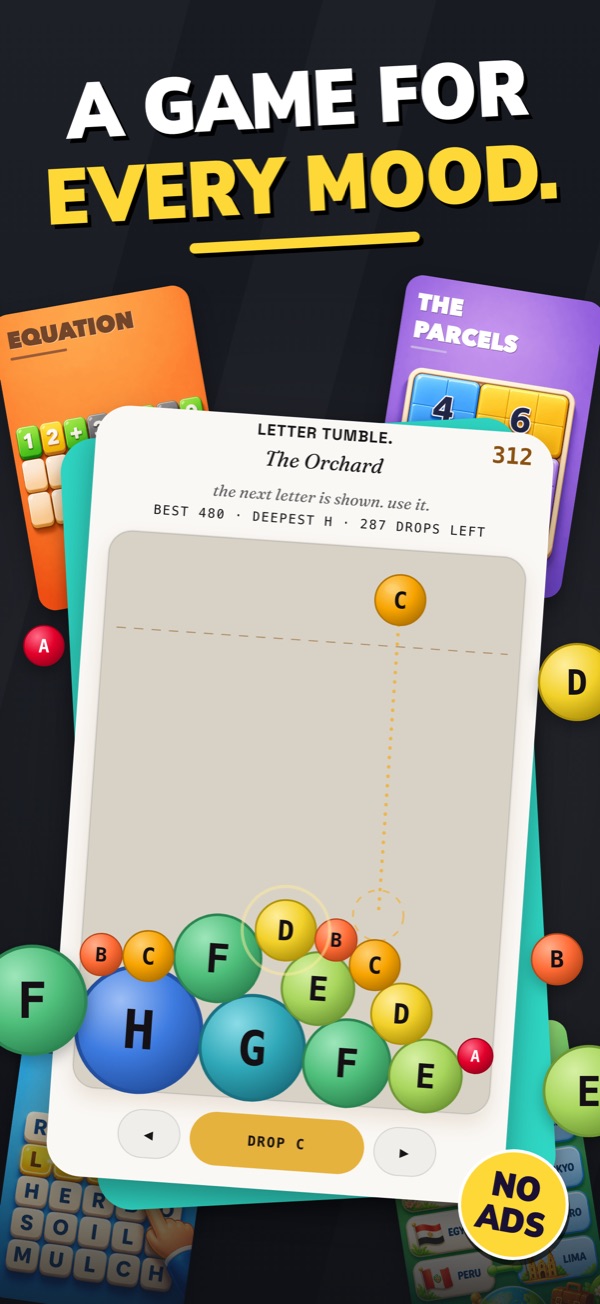 A game for every mood. Letter Tumble on an iPhone in front of the Equation and The Parcels cards, with a No Ads seal.